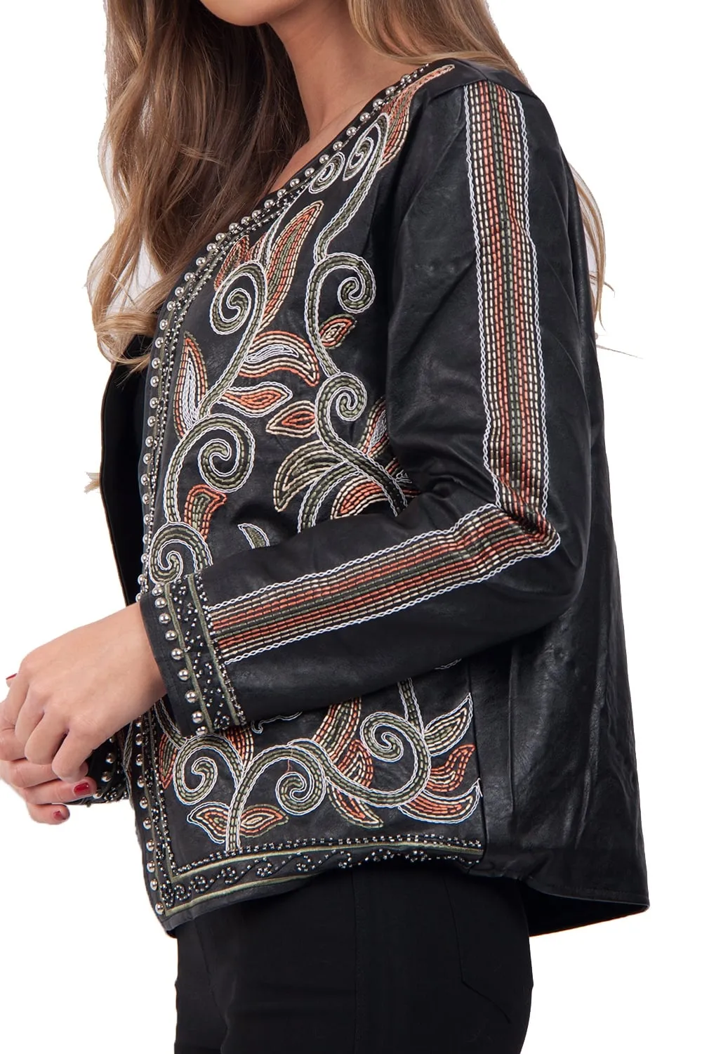 Black Embellished & Floral Embroidered Leather Look Blazer Jacket