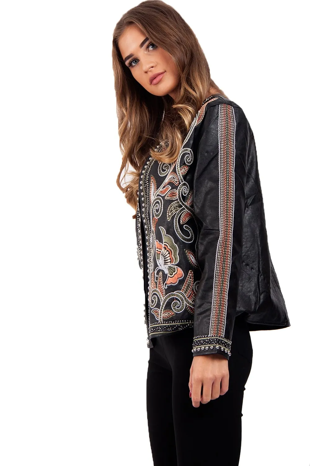 Black Embellished & Floral Embroidered Leather Look Blazer Jacket