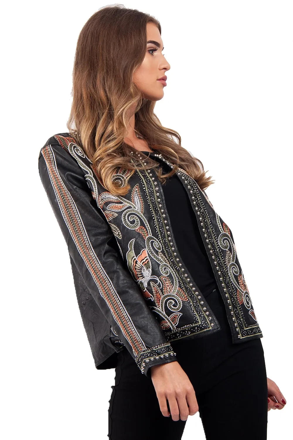 Black Embellished & Floral Embroidered Leather Look Blazer Jacket