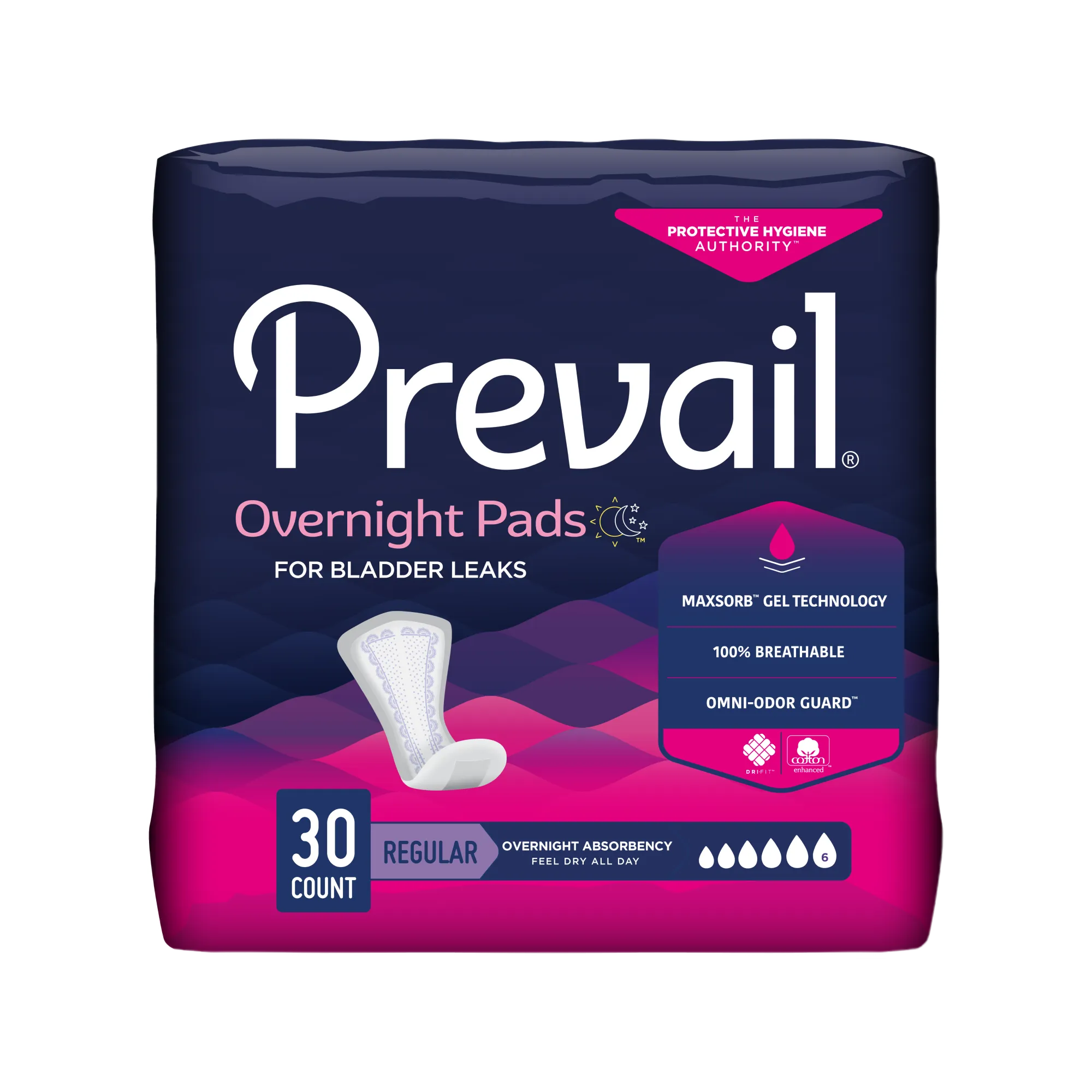 Prevail Incontinence Bladder Control Pads for Women, Overnight Absorbency, Regular Length, 30 count