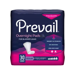 Prevail Incontinence Bladder Control Pads for Women, Overnight Absorbency, Regular Length, 30 count